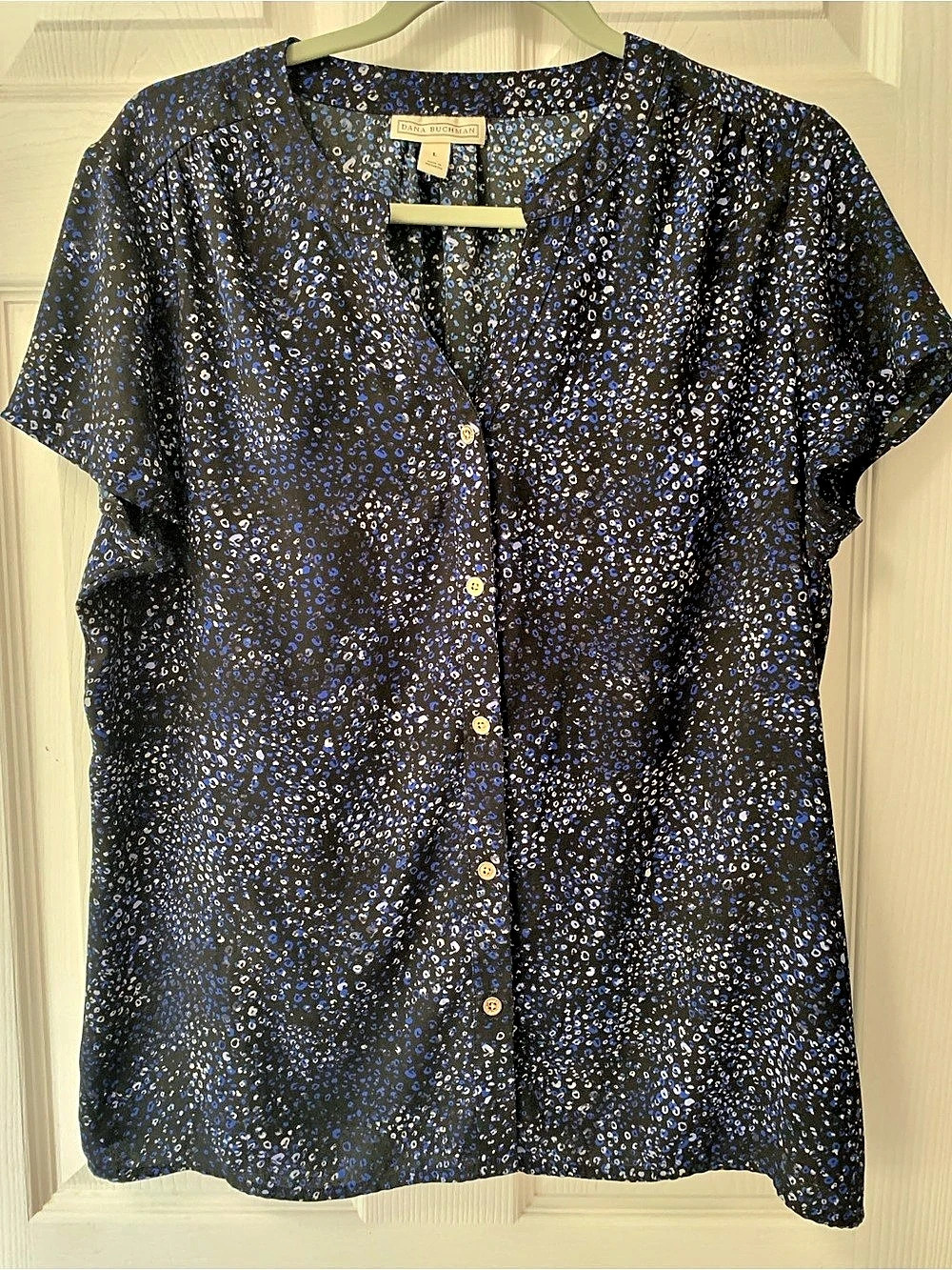 Dana Buchman Floral Button Front Blouse in Black & Blue Size Large Like N